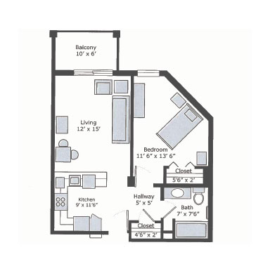 Corner one-bedroom apartment floor plan | Presbyterian Village Austell
